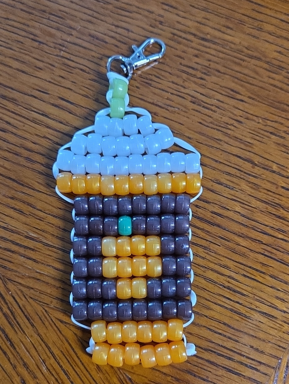 Handmade Beaded Coffee Cup Keychain - Brown & Yellow